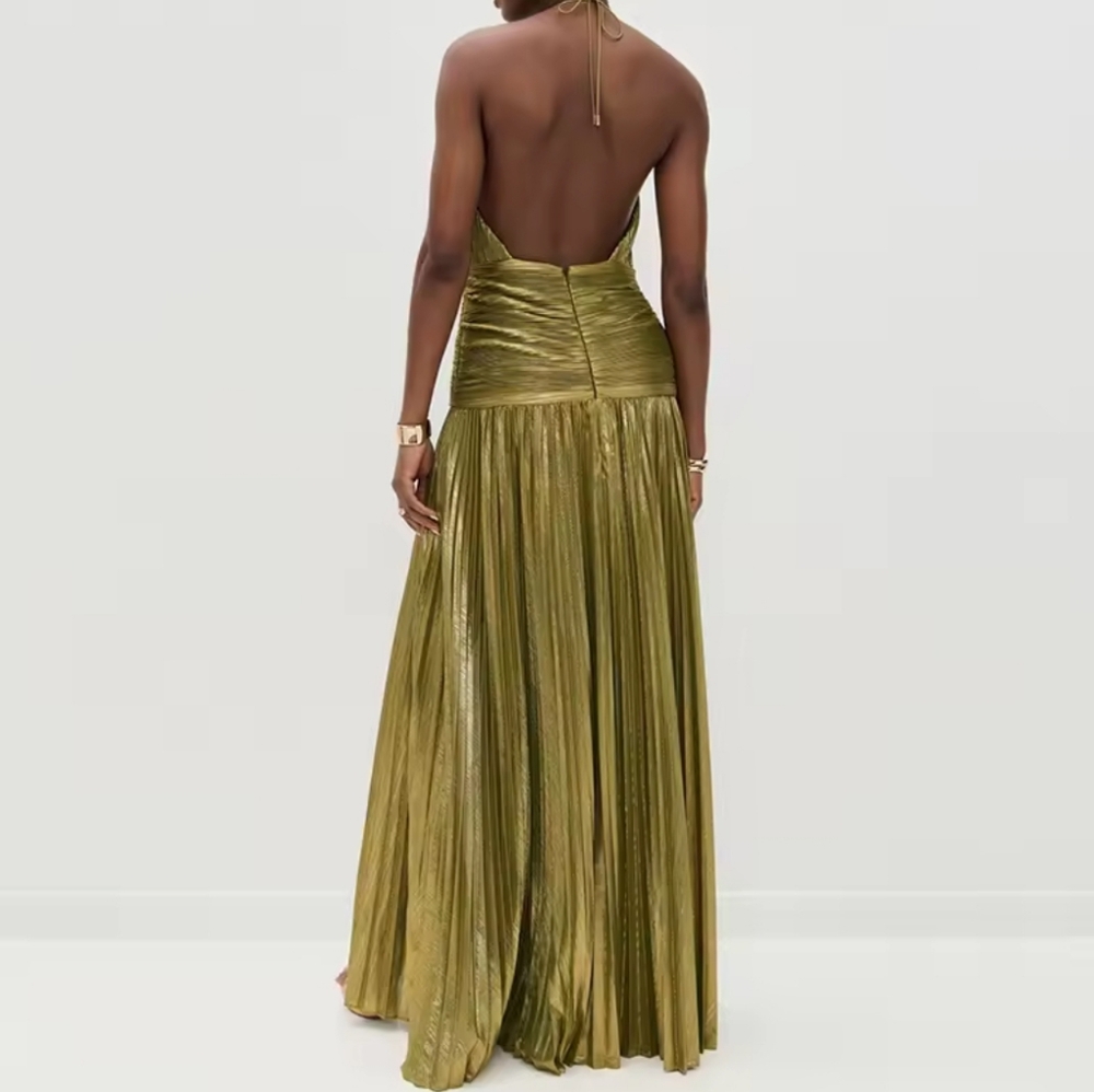 Gold Sexy Halter High Split Gowns Evening DressWoman Chic Solid Hollow Pleated - Picture 4 of 7